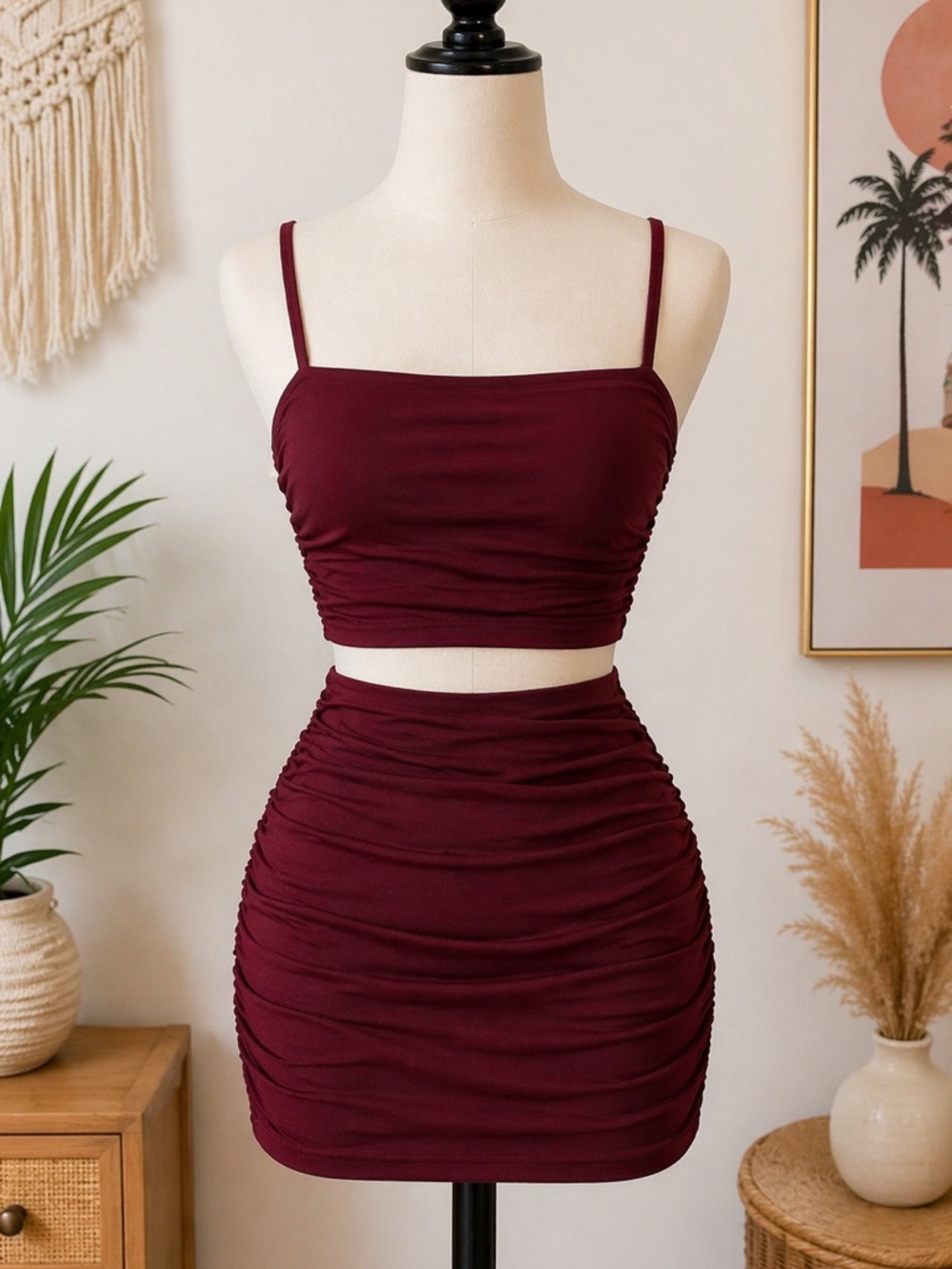 Burgundy Ruched 2-Piece Set Bodycon Crop Top Mini Skirt Festival Summer Size M